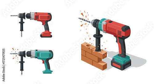 Isometric power drill set with brick wall drilling scene