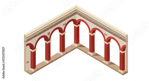 Isometric ancient roman arches with red columns and decorative patterns