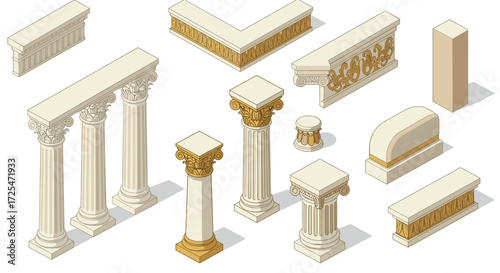 Isometric classic architectural columns and cornices set
