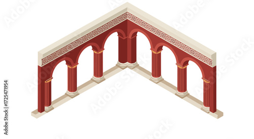 Ancient roman arched hallway in isometric perspective with classic red columns