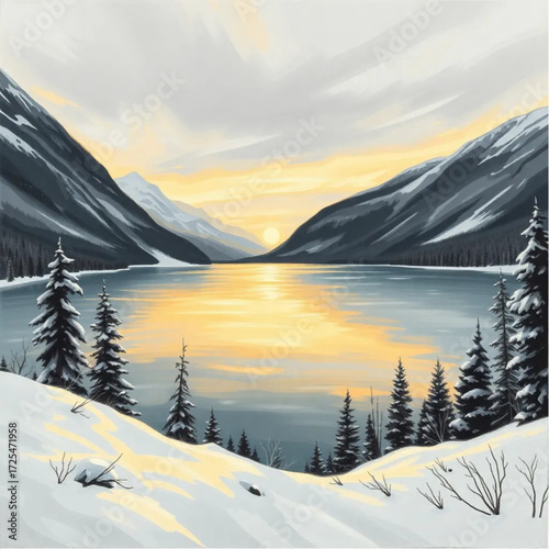 A oil painting depiction of Lake Louise during golden hour in spring, under snow-covered conditions, capturing unique natural textures and atmospheric mood.