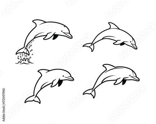 Four playful dolphins leaping and jumping out of the water in a dynamic illustration with a clean white background