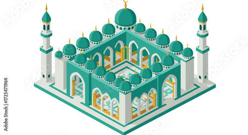 Isometric mosque architecture with intricate domes and arches