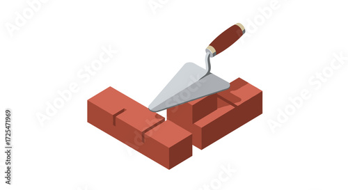 Isometric trowel and bricks: vector art of masonry and construction tools