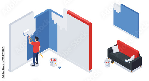 Interior renovation concept with painter and colorful walls in isometric style
