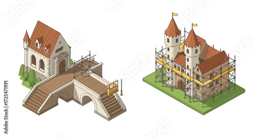 Isometric medieval building and castle under construction with scaffolding