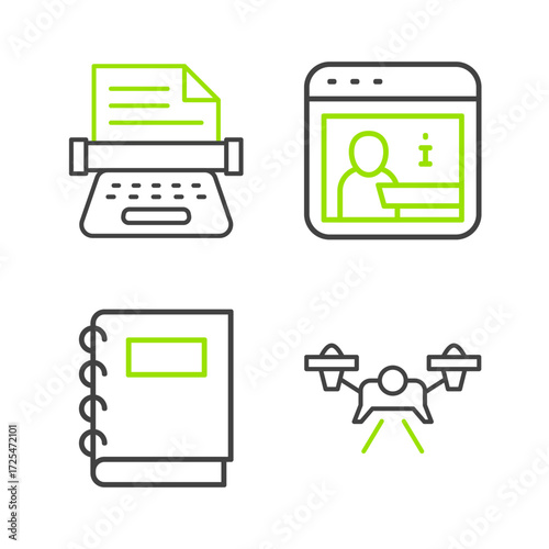 Set line Drone, Notebook, Information and Retro typewriter icon. Vector