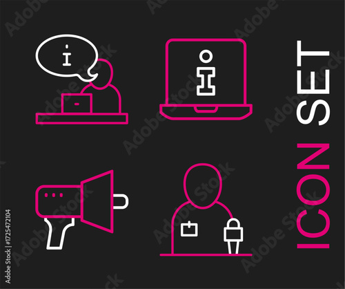 Set line Journalist news, Megaphone, Information and Television report icon. Vector