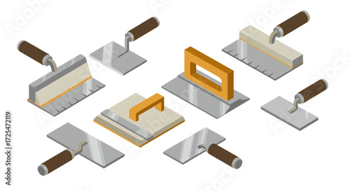 Isometric construction tools set featuring trowels and floats for building projects