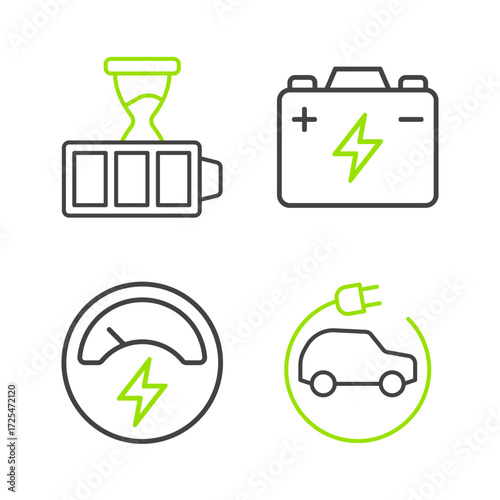 Set line Electric car, Voltmeter, Car battery and Battery charge icon. Vector