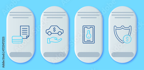 Set line Car rental, Online real estate, Credit card and Shield with dollar icon. Vector