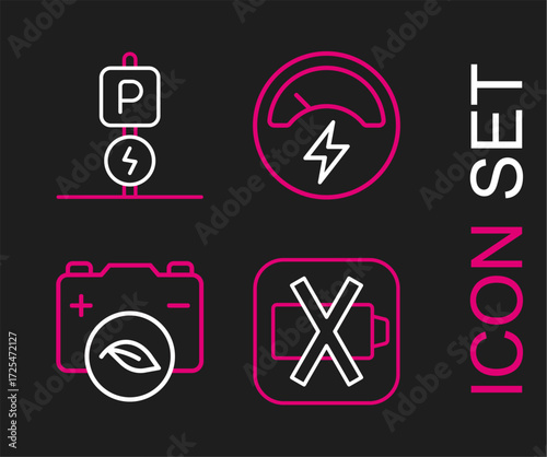 Set line Low battery, Eco nature leaf, Voltmeter and Charging parking electric car icon. Vector