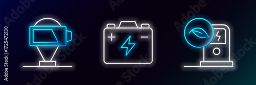 Set line Electric car charging station, Battery charge and Car battery icon. Glowing neon. Vector