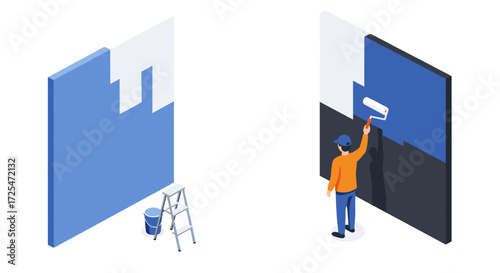 Isometric painting process with roller and walls
