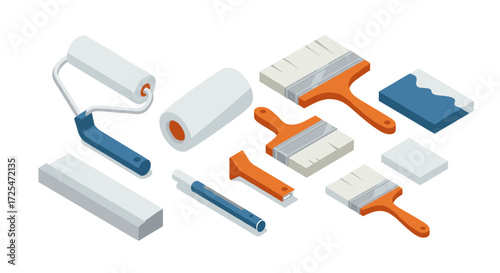 Isometric painting tools set: brushes, rollers, and scrapers for home renovation