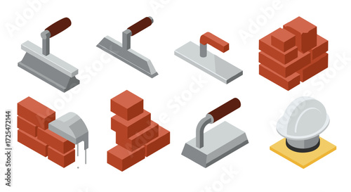 Isometric masonry tools and brick wall elements for construction projects