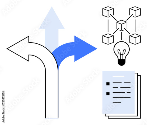 Forked pathway representing choices, lightbulb signifying ideas, network structure symbolizing connectivity, and documents for structured planning. Ideal for decision-making, innovation, creativity