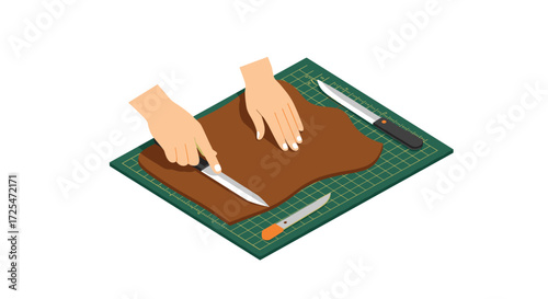 Isometric leather crafting: hands cutting material on cutting mat