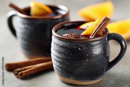 Two black ceramic mugs filled with mulled wine are shown. The drink is garnished with orange slices, star anise, and cinnamon sticks, creating a warm, cozy winter atmosphere on a gray background