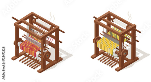 Isometric vintage loom machines with colorful textiles: traditional craftsmanship in 3d style