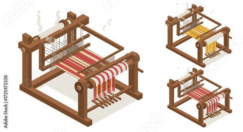 Isometric textile loom set with vibrant patterns: traditional weaving machines