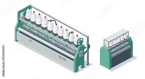 Industrial textile machinery in isometric design for yarn production efficiency
