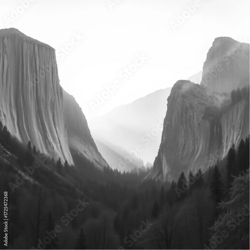 A photorealistic depiction of Yosemite Valley during sunrise in spring, under misty conditions, capturing unique natural textures and atmospheric mood.