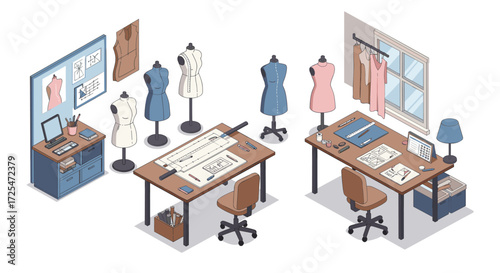Fashion design studio isometric interior with sewing tools and mannequins