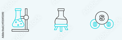 Set line Sulfur dioxide SO2, Test tube flask on stand and icon. Vector