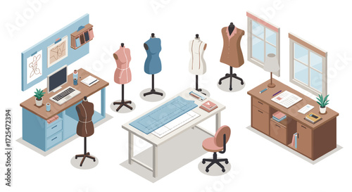 Fashion design studio with sewing mannequins and workspace elements in isometric style