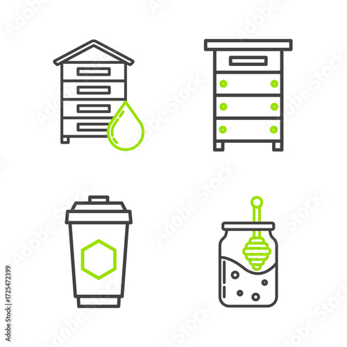 Set line Jar of honey and honey dipper stick, Cup tea with, Hive for bees and icon. Vector