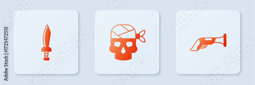 Set Pirate captain, sword and Vintage pistol. White square button. Vector
