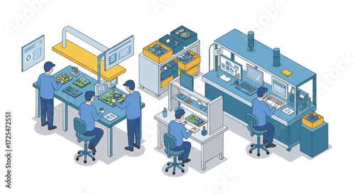 Isometric design of modern electronics manufacturing process with assembly and testing stations