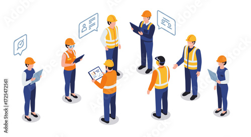 Teamwork and communication in construction: isometric workers collaborating and planning