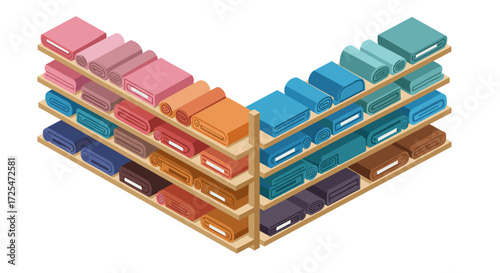 Colorful towel shelf display in isometric design for modern home decor