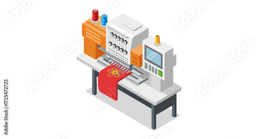 Modern isometric embroidery machine with floral design and control panel