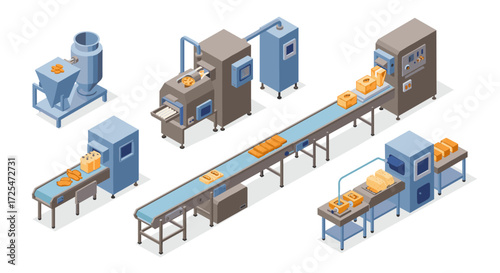 Automated bread manufacturing process in isometric factory layout with advanced equipment