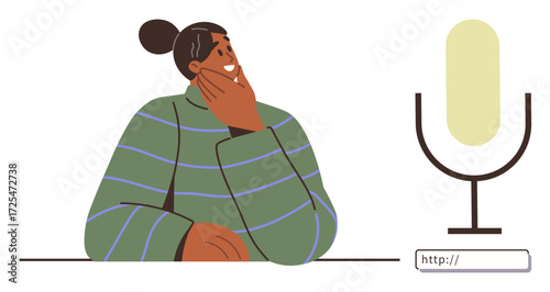 Thoughtful individual with hand on chin sits near a large microphone and a web search bar. Ideal for podcasting, creativity, decision-making, communication, voice technology, brainstorming