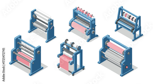 Isometric industrial machines: diverse set of textile factory equipment