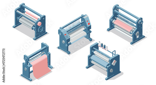 Isometric printing machines set: industrial equipment for paper and textile production