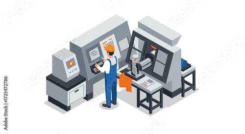Industrial automation with cnc machine and operator in isometric design