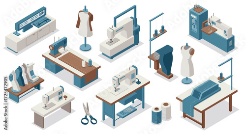 Modern isometric sewing workshop with sewing machines and mannequins