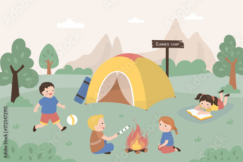 Summer travel, outdoor recreation, kids with backpacks. Adventure camping. Children in forest. Boy and girl scout. Hiking. Tent and campfire. Young tourists cooking food by fire.