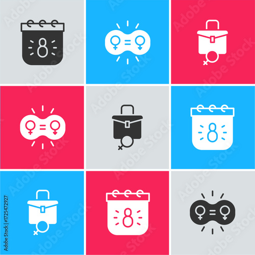 Set Calendar with 8 March, Gender equality and Work for female icon. Vector