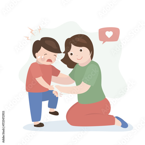 Caucasian mother calms and pities her crying son. Little boy hit or fell, injury, bruise. Family relationships, mother helps child cope with bad mood.