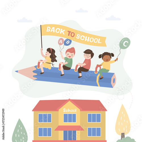Funny multiethnic children flying on giant pencil. Back to school. Students flying for knowledge. Сute children friends, classmates. School building waiting little students.