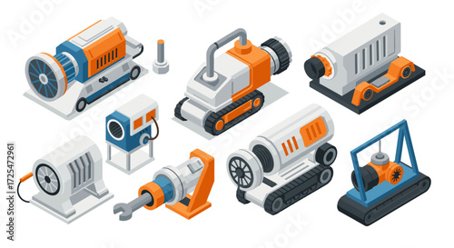 Industrial machinery icons in isometric style with orange and blue accents