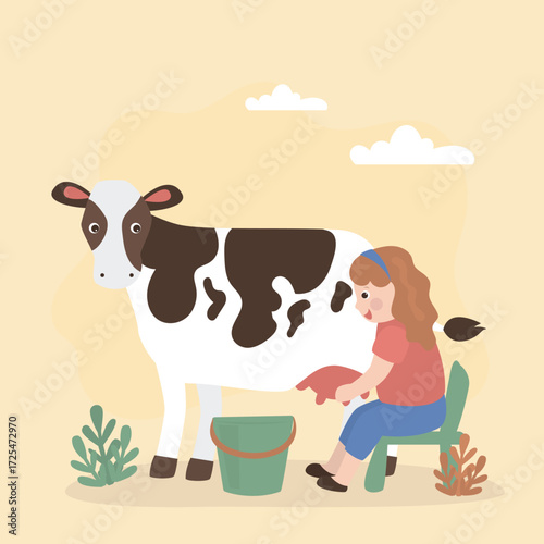 Milkmaid, farmer girl milking cow. Cute kid doing agricultural work. Rural country scene. Adorable child with cute animal. Funny farm with cartoon characters.