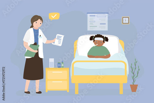 Kid having cold and fever. Sick girl in bed. Doctor pediatrician or nurse and schoolgirl in medical ward interior. Sick child, illness, treatment. First aid, medical support