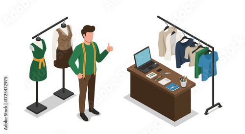 Fashion designer workspace: creative room with apparel, tools, and technology in isometric style